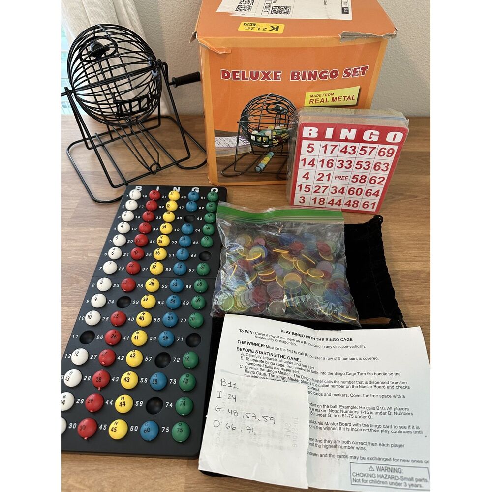 Deluxe Metal Bingo Set with Spinning Cage Bingo Balls Cards Markers – Incomplete